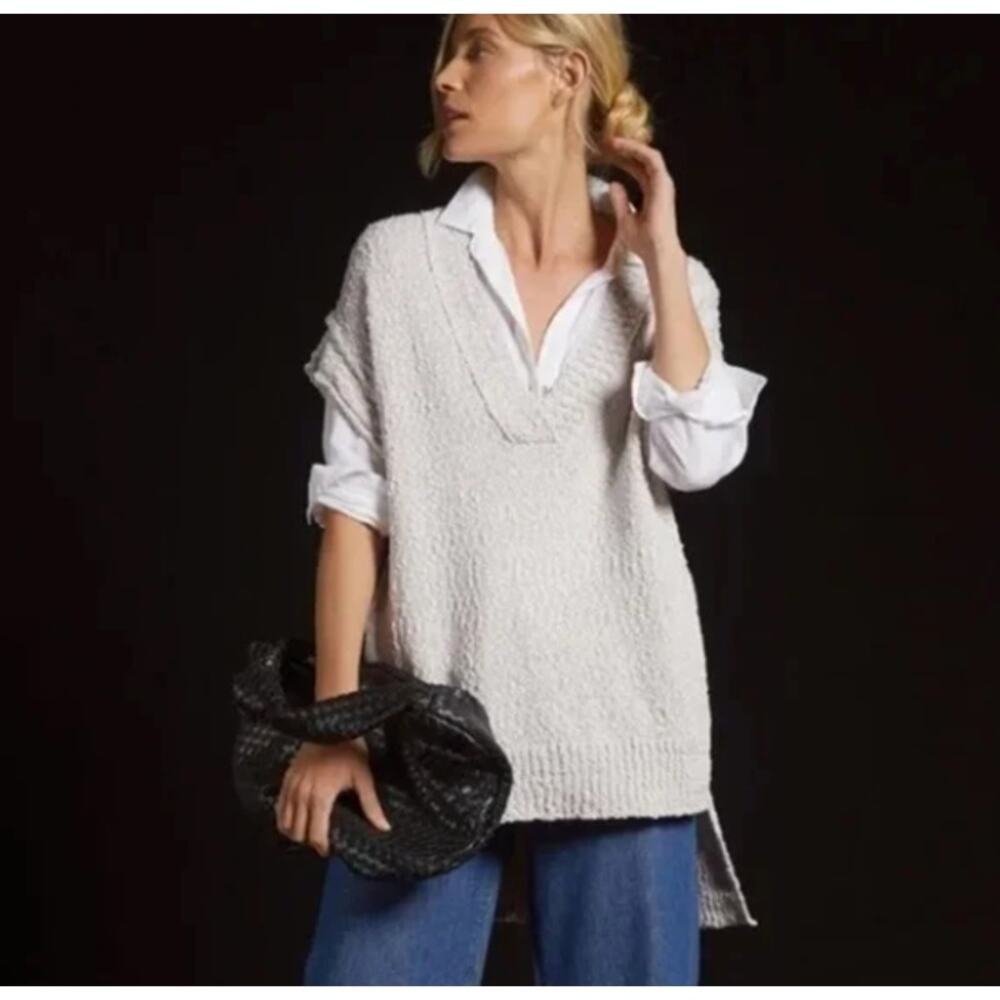 ANTHROPOLOGIE Pilcro cream textured long line v neck sweater tunic size medium